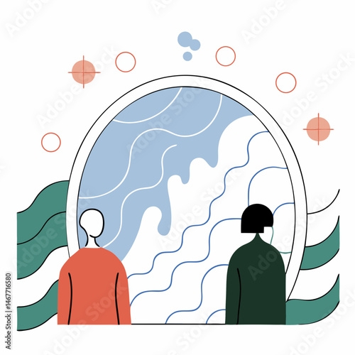 Two figures view abstract wave art calming blue hues and teal accents minimalist design modern art