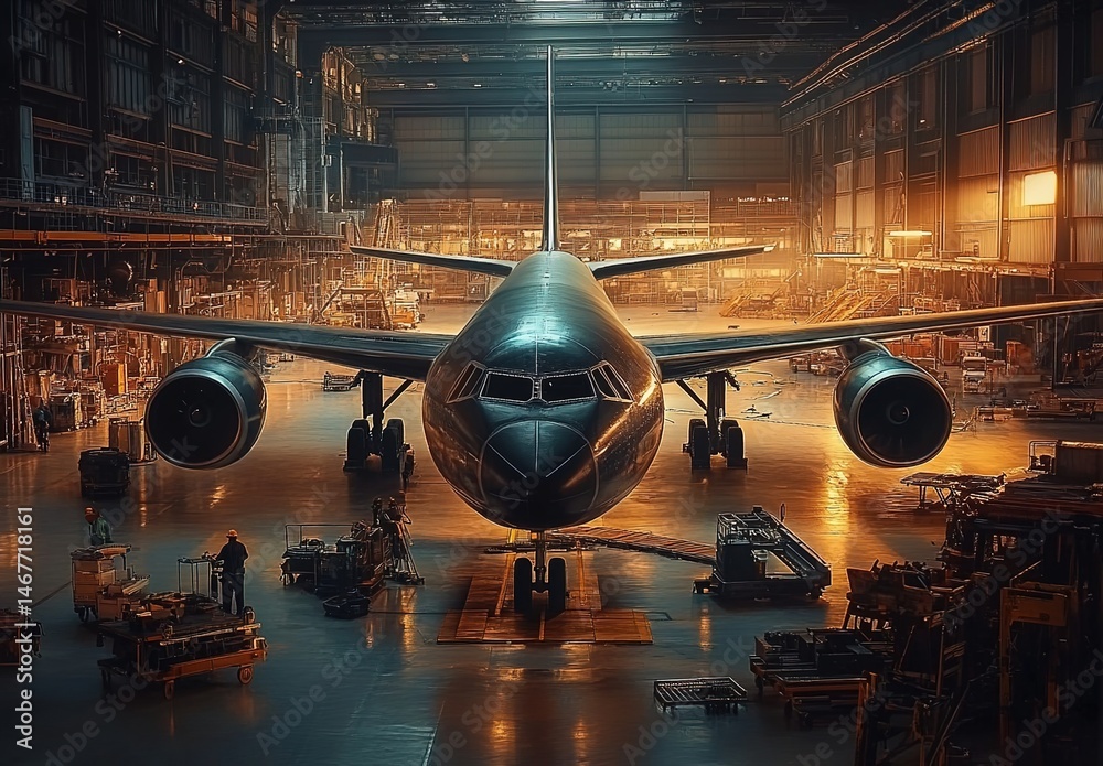 Fototapeta premium A large aircraft undergoing maintenance in a hangar with open top and workers nearby.