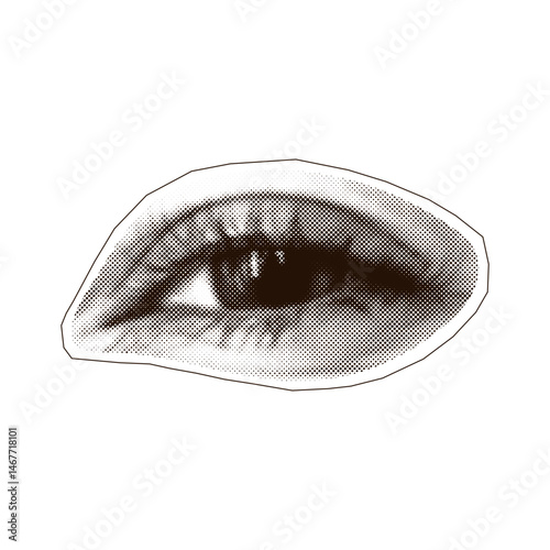 Halftone squinting female eye with torn paper outline. Halftone texture of the eye for modern collage. Trendy grunge style. Abstract eye for poster design, social media. Vector