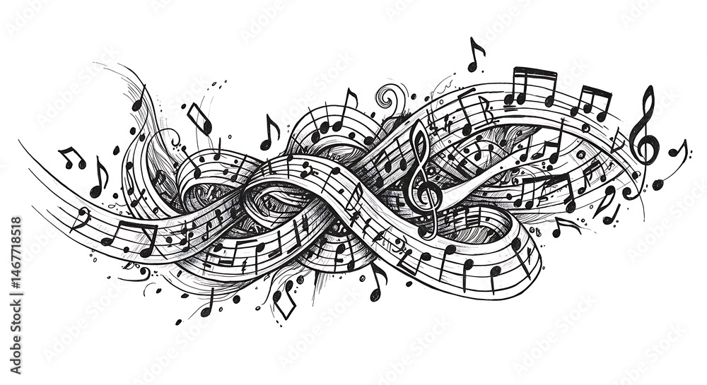 Fototapeta premium Music Notes Flowing Abstractly in Black and White Design