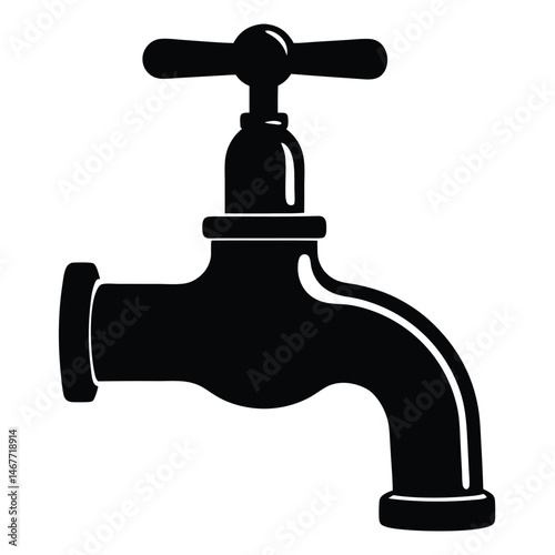 An isolated, black and white water faucet is prominently displayed on a clean backdrop