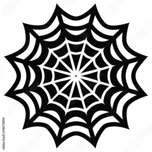 Abstract black spiderweb design extends outward in radial symmetry against a stark white background