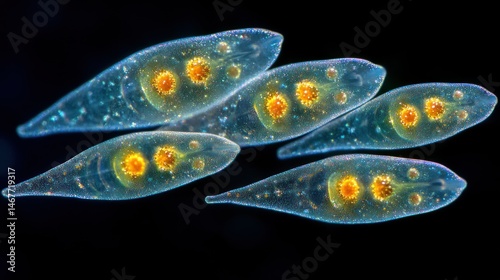 Microscopic view of single-celled organisms, displaying intricate cellular structures,  with translucent, elongated bodies, and highlighted internal components
