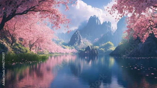 Serene Pink Blossom Lake in Majestic Mountains