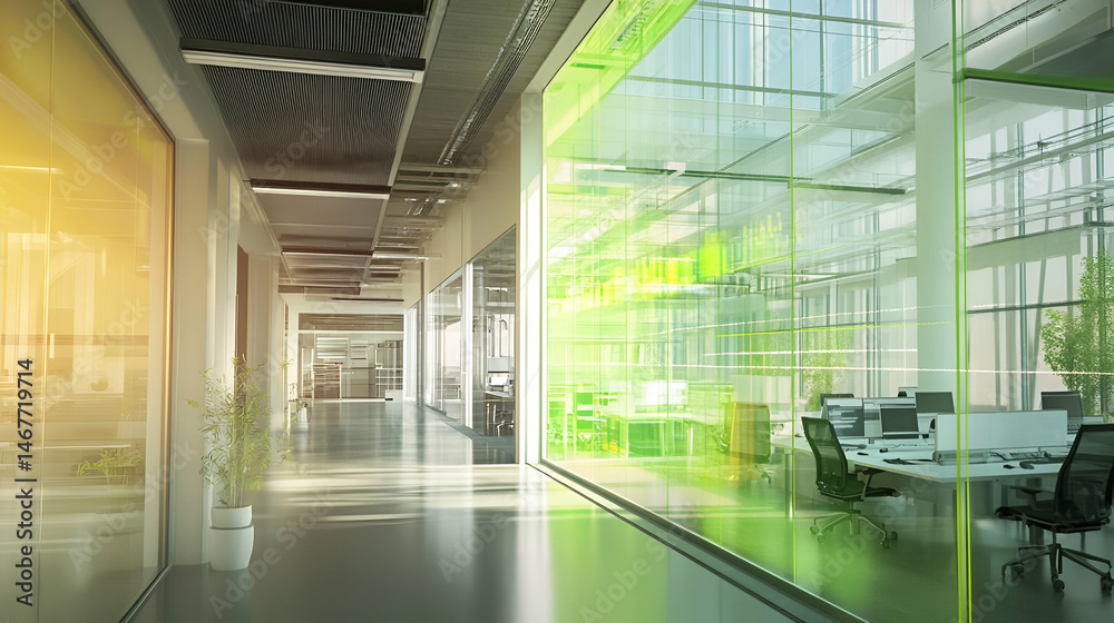 Modern Office Corridor with Green and Yellow Glass Walls Modern Office Corridor with Green and Yellow Glass Walls