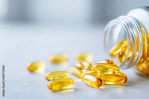 Golden vitamin d capsules spilling from clear glass bottle promoting healthy lifestyle
