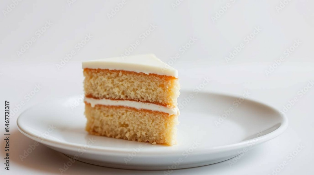A single slice of decorated cake served on a white plate, realistic lighting, soft shadows, detailed frosting and layers, close-up view, stock photo style, on a neutral background A single slice of decorated cake served on a white plate, realistic lighting, soft shadows, detailed frosting and layers, close-up view, stock photo style, on a neutral background