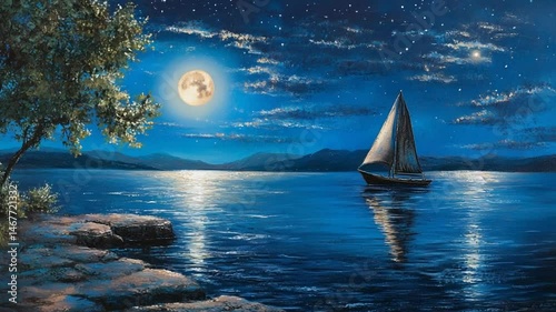Serene Moonlight Sailboat on a Tranquil Lake Under a Starry Night