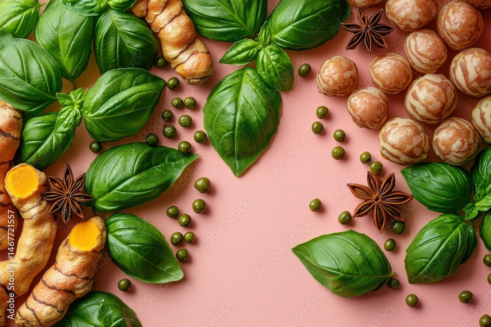 Fresh basil and herbal arrangement with turmeric, green peas, and spices on pastel background Fresh basil and herbal arrangement with turmeric, green peas, and spices on pastel background
