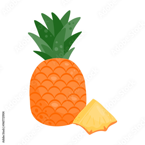 Whole ripe pineapple and sliced slice. Exotic fruit.