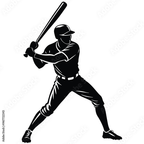 A silhouette illustration of a person standing in a baseball stance, holding a bat with both hands.