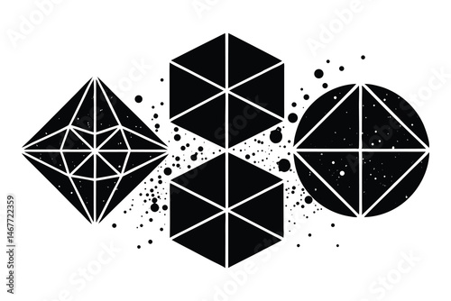 Abstract Geometric Crystals, Symmetrical Black & White Polygons with Particle Splatter, Vector art