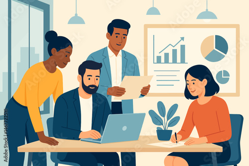 Diverse Business Team Collaboration in Modern Office , Vector Illustration

