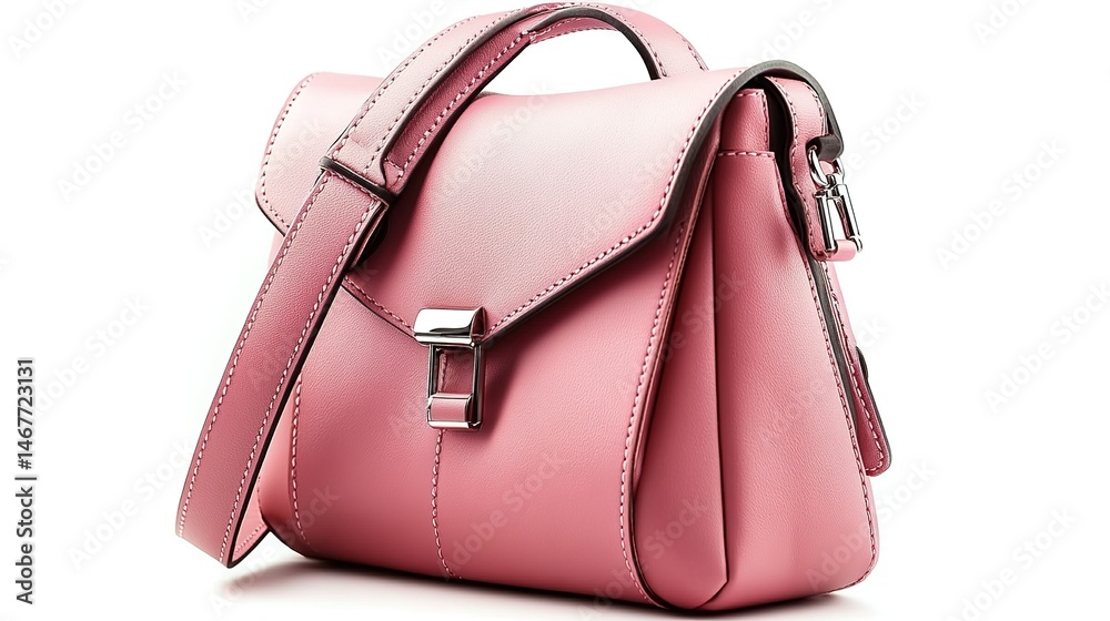 Naklejka premium A pink leather women's shoulder bag with handle, adjustable strap, and metal buckle.