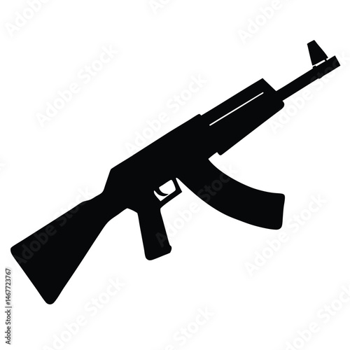 Black silhouette presents a detailed depiction of an assault rifle on a clean backdrop