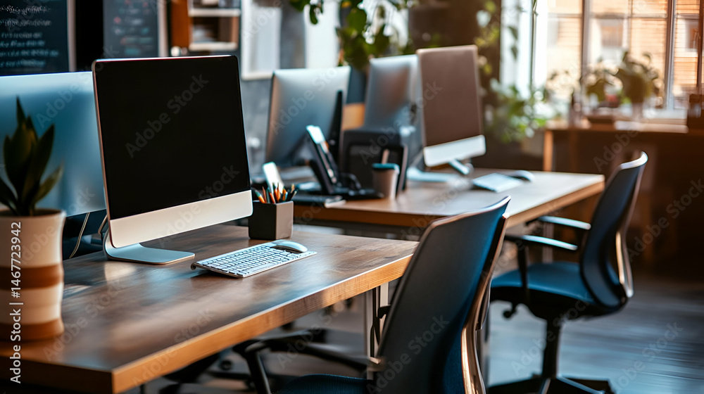 Modern Office Workspace with Multiple Desktops Modern Office Workspace with Multiple Desktops