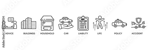 Insurance icon set vector illustration concept relate to advice, buildings, household, car, liability, life, policy and accident