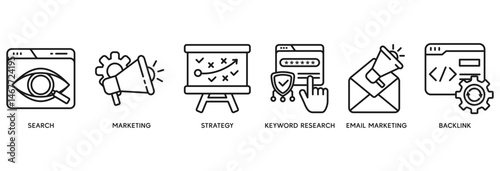 Seo marketing icon set vector illustration concept relate to search, marketing, strategy, keyword research, email marketing, backlink