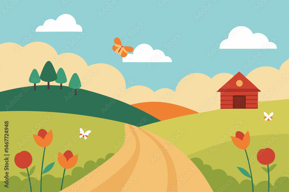 Fototapeta premium rural landscape with a house and flowers