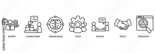 Expertise icon set vector illustration concept relate to representing high-level knowledge and experience with an icon of expert, consulting, knowledge, team, advice, trust, and research