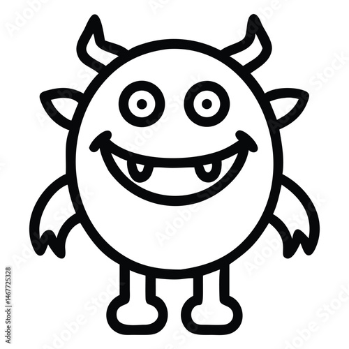 A friendly monster smiles with horns, sharp teeth, and clawed hands stands outlined