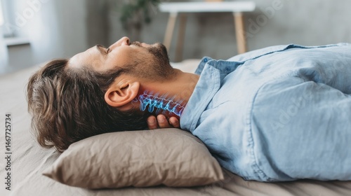 Side view of a person resting on a pillow with an X-ray effect showcasing the neck and spine, highlighting tension and pressure in a high-tech visualization