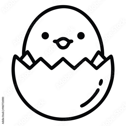A simplistic outline of a chick hatching emerges from an egg, looking adorable