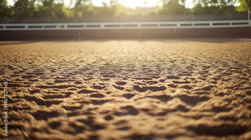 Equestrian arena sand, bathed in the warm light of the afternoon sun