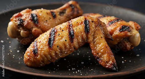 Crispy grilled chicken wing with charred skin, slight pull from bone, juicy appearance.
