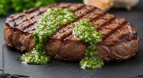 Top sirloin cap with chimichurri sauce, vibrant green drizzle on marbled grilled meat.
