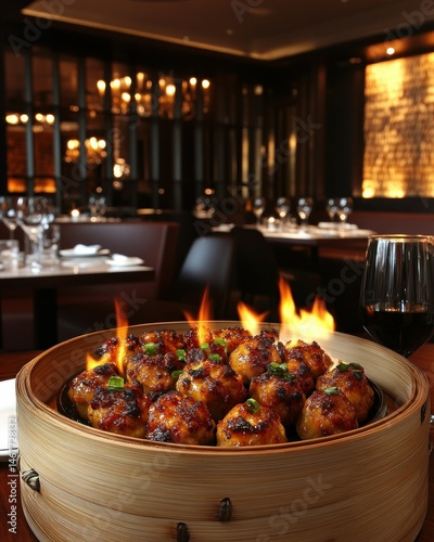 Gourmet Grilled Meatballs with Flames in Elegant Restaurant Setting