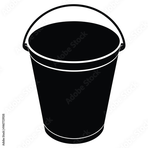 Isolated black bucket shows the container's shape and a rounded handle on white