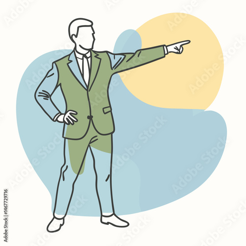  a silhouette of a man in a formal suit, pointing to the right with his left arm extended 