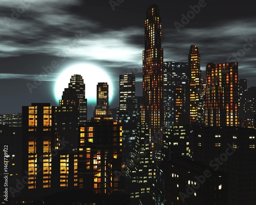 Photography Night city, evening skyscrapers, high-rise buildings at night, 3d rendering