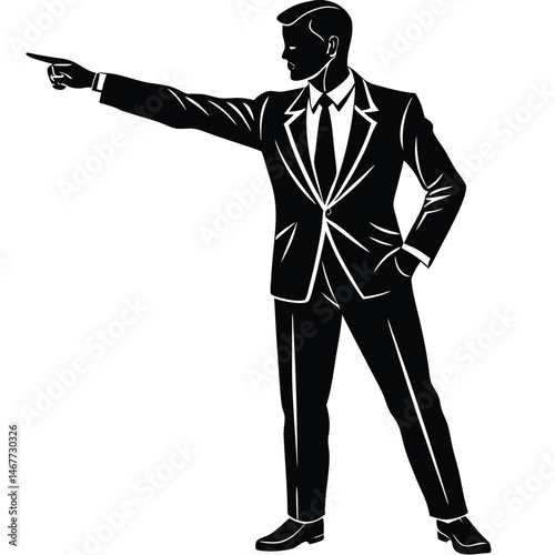  a silhouette of a man in a formal suit, pointing to the right with his left arm extended 