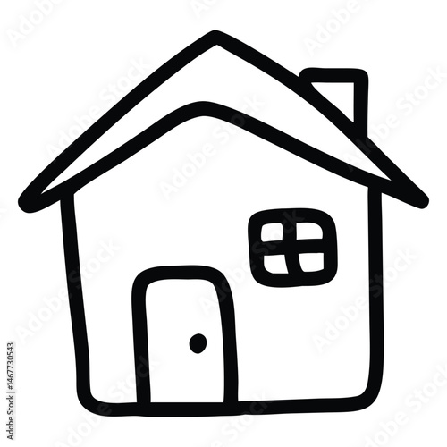 Black outline drawing shows simple house design with door, window, chimney, and roof