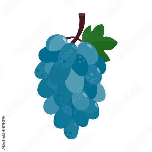 Bunch of ripe grapes with a stem and leaves.