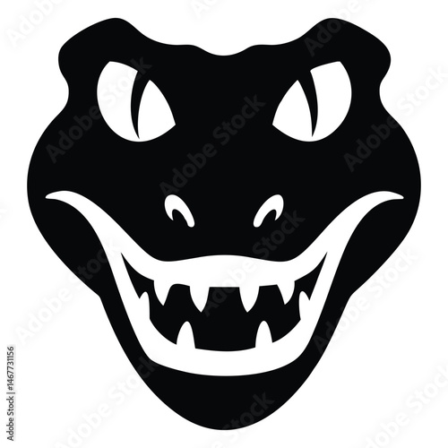Black silhouette of a reptile face shows its teeth and menacing eyes