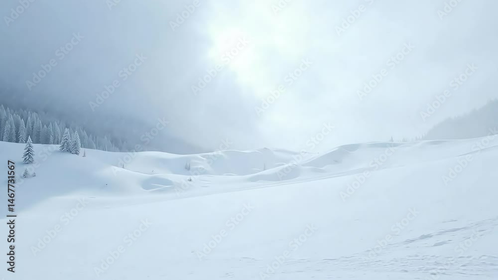 Serene Winter Wonderland Snowy Mountain Landscape Featuring Snow Covered Trees and a Hazy Sky Serene Winter Wonderland Snowy Mountain Landscape Featuring Snow Covered Trees and a Hazy Sky