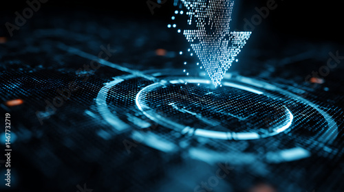 Data Download: Futuristic digital arrow points downward, symbolizing a data transfer or download process. Glowing blue lines and a dark background enhance the image's technological feel.