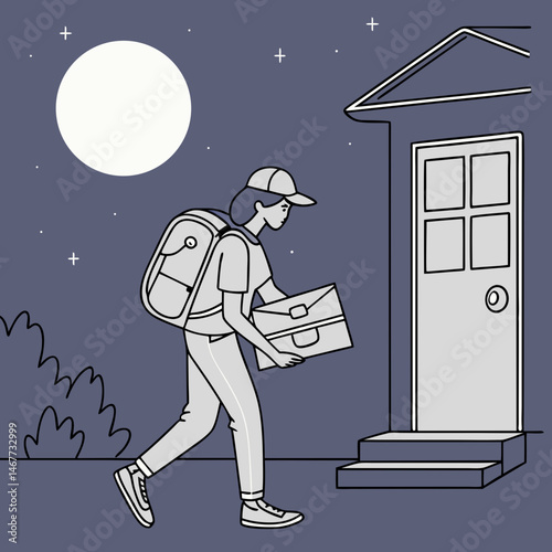 Night delivery moon background, glowing courier icon illustration