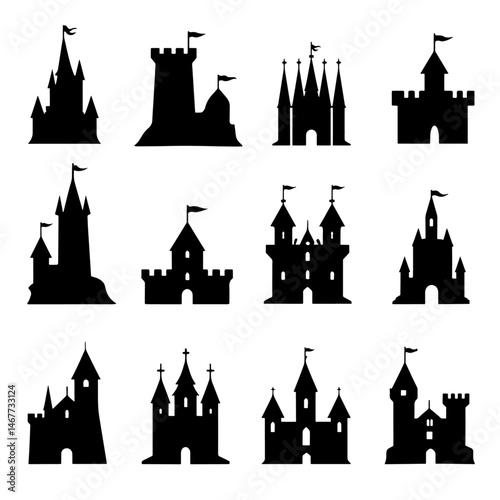 Set of black medieval castle silhouettes. Vector illustration.