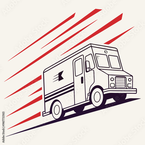Minimalist delivery truck with motion lines, bold flat style