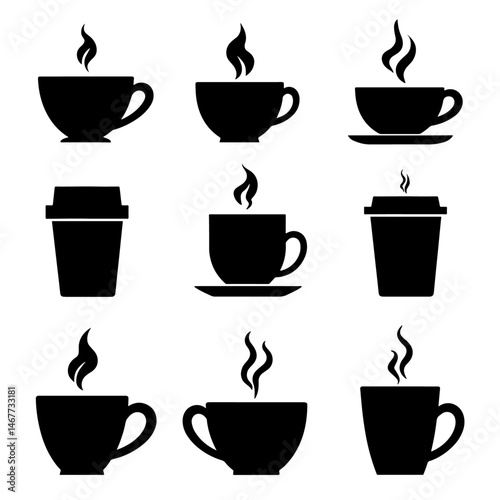 A simple illustration of a set of coffee cups showing hot espresso and latte drinks in a cafe style icon design