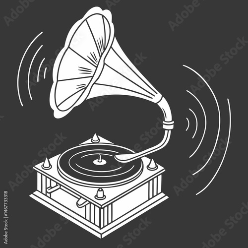 Minimalist DJ symbol with turntable and abstract sound waves