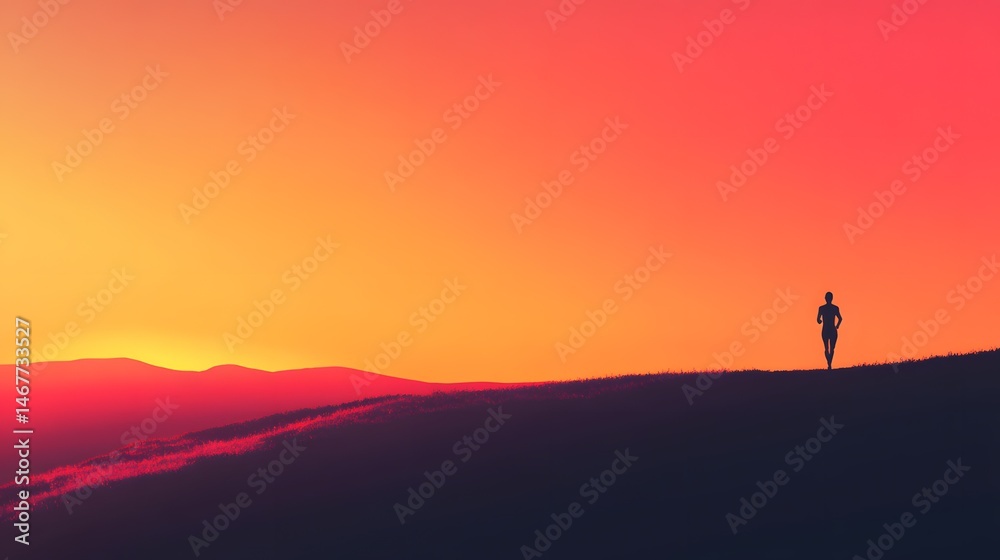 Digital illustration of a lone runner silhouetted against a vibrant, fiery orange and red sunset landscape. Digital illustration of a lone runner silhouetted against a vibrant, fiery orange and red sunset landscape.