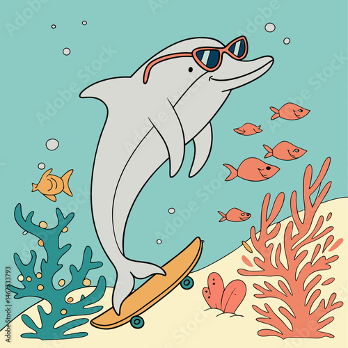 Cool dolphin wearing sunglasses riding a skateboard underwater