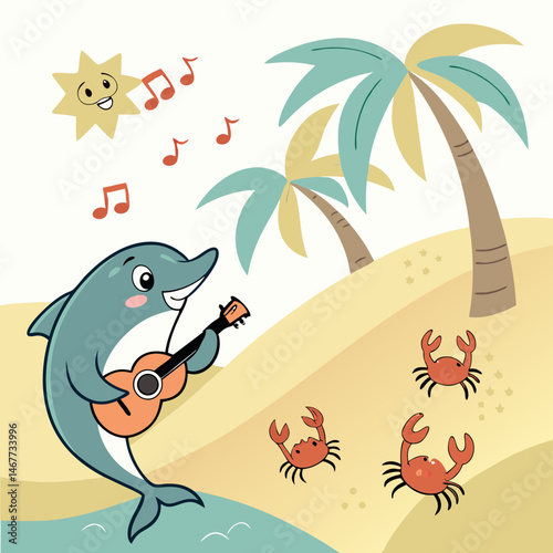 Dolphin playing guitar on tropical beach with dancing crabs