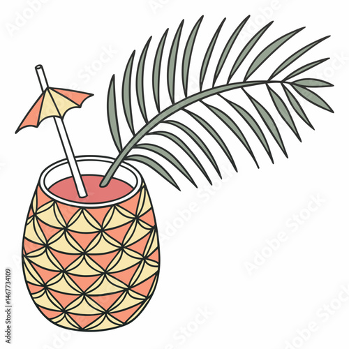 Tropical smoothie in pineapple glass with palm leaf garnish