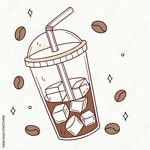 Iced coffee cup with floating ice cubes and straw